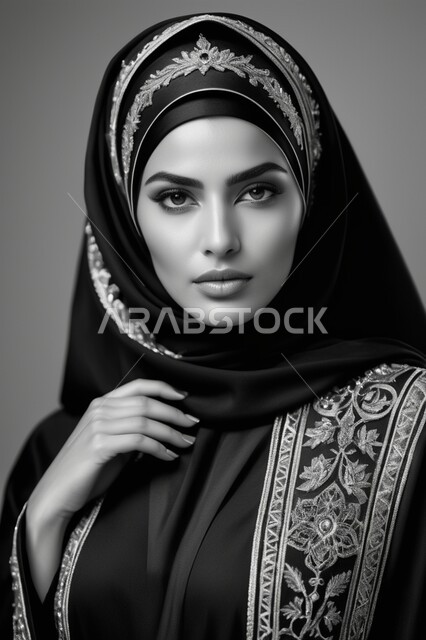The concept of elegance and femininity,  Traditional modern fashions, Gulf models with various designs, elegant Islamic hijabs, a Saudi Arab woman wearing the abaya and hijab, looking at the camera with gestures of seriousness and self-confidence, paying attention to her external appearance.