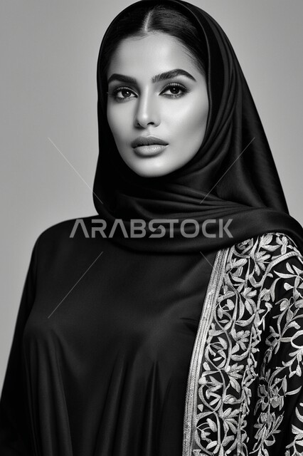 مفهوم الأناقة والأنوثة،  الأزياء العصرية التقليدية، موديلات خليجية بتصاميم متنوعة، حجابات اسلامية راقية، إمرأه عربية سعودية  ترتدي العباءة والحجاب تنظر الى الكاميرا بايماءات الجدية والثقة بالنفس،  الاهتمام بالمظهر الخارجي