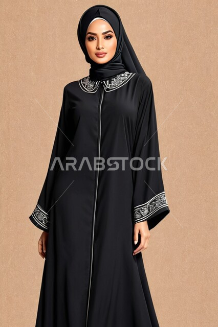 The concept of elegance and femininity,  Traditional modern fashions, Gulf models with various designs, elegant Islamic hijabs, a Saudi Arab woman wearing the abaya and hijab, looking at the camera with gestures of seriousness and self-confidence, paying attention to her external appearance.