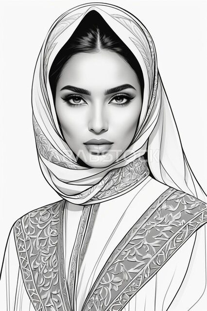  الأزياء العصرية التقليدية، موديلات خليجية بتصاميم متنوعة، مفهوم الأناقة والأنوثة، حجابات اسلامية راقية، إمرأه عربية سعودية  ترتدي العباءة والحجاب تنظر الى الكاميرا بايماءات الجدية والثقة بالنفس،  الاهتمام بالمظهر الخارجي