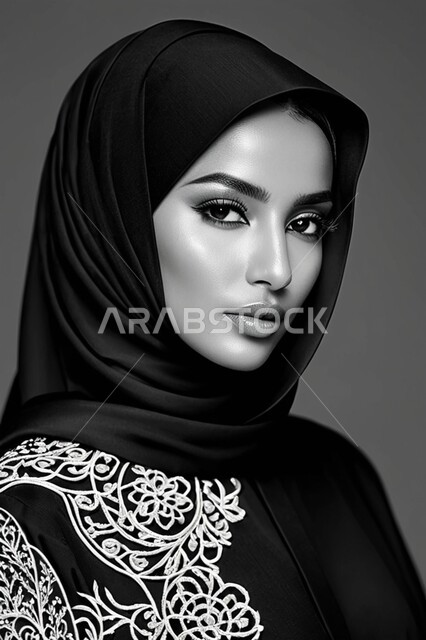  الأزياء العصرية التقليدية، موديلات خليجية بتصاميم متنوعة، مفهوم الأناقة والأنوثة، حجابات اسلامية راقية، إمرأه عربية سعودية  ترتدي العباءة والحجاب تنظر الى الكاميرا بايماءات الجدية والثقة بالنفس،  الاهتمام بالمظهر الخارجي