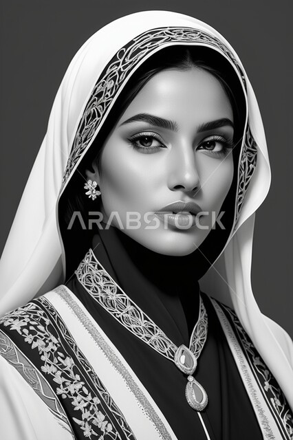  الأزياء العصرية التقليدية، موديلات خليجية بتصاميم متنوعة، مفهوم الأناقة والأنوثة، حجابات اسلامية راقية، إمرأه عربية سعودية  ترتدي العباءة والحجاب تنظر الى الكاميرا بايماءات الجدية والثقة بالنفس،  الاهتمام بالمظهر الخارجي