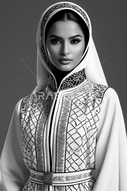  الأزياء العصرية التقليدية، موديلات خليجية بتصاميم متنوعة، مفهوم الأناقة والأنوثة، حجابات اسلامية راقية، إمرأه عربية سعودية  ترتدي العباءة والحجاب تنظر الى الكاميرا بايماءات الجدية والثقة بالنفس،  الاهتمام بالمظهر الخارجي