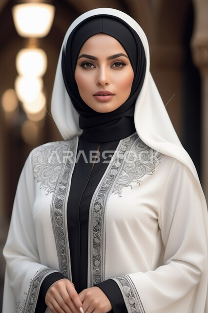  الأزياء العصرية التقليدية، موديلات خليجية بتصاميم متنوعة، مفهوم الأناقة والأنوثة، حجابات اسلامية راقية، إمرأه عربية سعودية  ترتدي العباءة والحجاب تنظر الى الكاميرا بايماءات الجدية والثقة بالنفس،  الاهتمام بالمظهر الخارجي