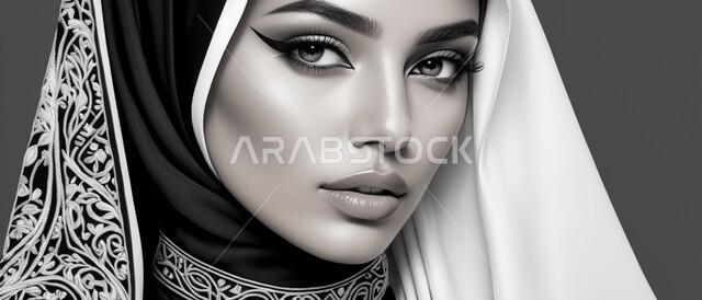 مفهوم الأناقة والأنوثة، الأزياء العصرية التقليدية، موديلات خليجية بتصاميم متنوعة، إمرأه عربية سعودية  ترتدي العباءة والحجاب تنظر الى الكاميرا بايماءات الجدية والثقة بالنفس، حجابات اسلامية راقية، الاهتمام بالمظهر الخارجي