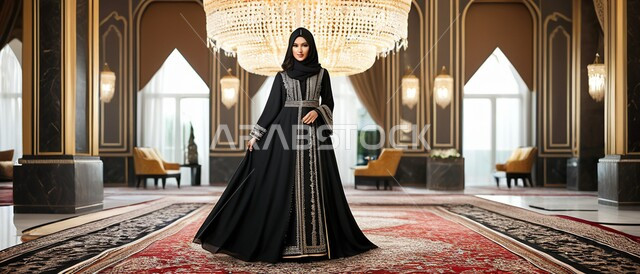 مفهوم الأناقة والأنوثة، الأزياء العصرية التقليدية، موديلات خليجية بتصاميم متنوعة، إمرأه عربية سعودية  ترتدي العباءة والحجاب تنظر الى الكاميرا بايماءات الجدية والثقة بالنفس، حجابات اسلامية راقية، الاهتمام بالمظهر الخارجي