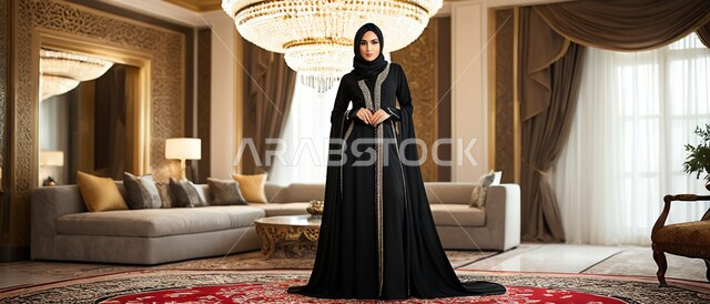 مفهوم الأناقة والأنوثة، الأزياء العصرية التقليدية، موديلات خليجية بتصاميم متنوعة، إمرأه عربية سعودية  ترتدي العباءة والحجاب تنظر الى الكاميرا بايماءات الجدية والثقة بالنفس، حجابات اسلامية راقية، الاهتمام بالمظهر الخارجي