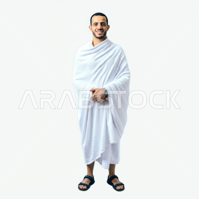 النظر إلى الكاميرا بإيماءات السرور، أداء مناسك الحج والعمرة، بورتريه لرجل عربي سعودي خليجي مبتسم يرتدي ملابس الاحرام، الجسم بالطول الكامل، مفهوم العبادة والتقرب إلى الله، خلفية بيضاء