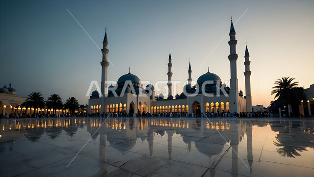 الفن الهندسي المعماري على الطراز الاسلامي لقبب ومآذن المساجد المضيئة وقت الغسق، الأرضيات الرخامية في الفناء الخارجي للمسجد في المملكة العربية السعودية, المعالم الدينية الإسلامية المقدسة, نداء المسلمين لأداء الفرائض والصلوات والتقرب إلى الله