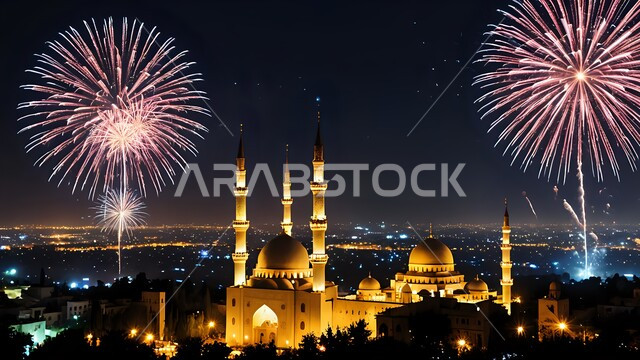 عروض الألعاب النارية الملونة في السماء، الفن الهندسي المعماري على الطراز الاسلامي لقبب ومآذن المساجد المضيئة ليلا، المناسبات والأعياد الدينية، معالم إسلامية مقدسة في المملكة العربية السعودية