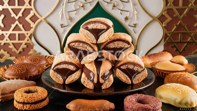 أطباق ووصفات من البسكويت الهش الطازج, حلويات مخبوزة بنكهات شهية, فن تقديم وصناعة الحلى في المملكة العربية السعودية, مخبوزات سعودية تقليدية. البسكويت المزخرف المحشو بالشوكولاتة, منتجات ومأكولات محلية وطنية