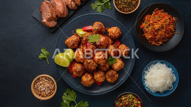 فن التقديم الطعام في مطابخ المملكة العربية السعودية, طبق مزين كرات اللحم الضأن مع الصلصة الشهية، مطاعم المأكولات العربية الشرقية, الأطعمة والوجبات الصحية, الدجاج المشوي بنكهات لذيذة