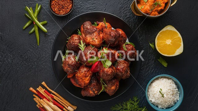 فن التقديم الطعام في مطابخ المملكة العربية السعودية, طبق مزين كرات اللحم الضأن مع الصلصة الشهية، مطاعم المأكولات العربية الشرقية, الأطعمة والوجبات الصحية, الدجاج المشوي بنكهات لذيذة