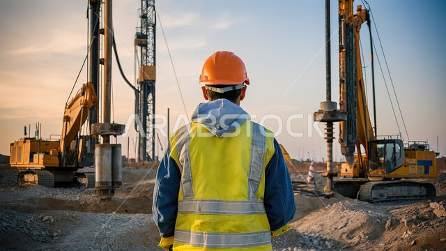 آلات الحفر والبناء في موقع الانشاء, تنفيذ الخطط والمشاريع الهندسية في السعودية, تحقيق الثورة العمرانية, نمو وتطور القطاع الهندسي في المملكة, صورة مقربة من الخلف لمهندس عربي خليجي سعودي يرتدي الخوذة وسترة الحماية يشرف على سير آلية المشروع