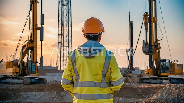 نمو وتطور القطاع الهندسي في المملكة, صورة مقربة من الخلف لمهندس عربي خليجي سعودي يرتدي الخوذة وسترة الحماية يشرف على سير آلية المشروع, آلات الحفر والبناء في موقع الانشاء, تنفيذ الخطط والمشاريع الهندسية في السعودية, تحقيق الثورة العمرانية