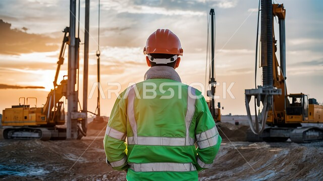 تحقيق الثورة العمرانية, نمو وتطور القطاع الهندسي في المملكة, صورة مقربة من الخلف لمهندس عربي خليجي سعودي يرتدي الخوذة وسترة الحماية يشرف على سير آلية المشروع, آلات الحفر والبناء في موقع الانشاء, تنفيذ الخطط والمشاريع الهندسية في السعودية