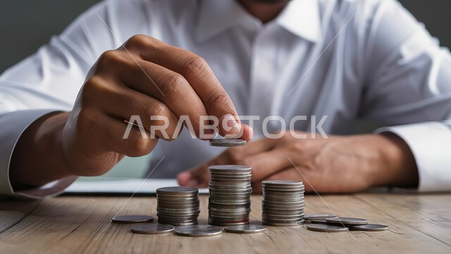 الاستثمار والفوائد العائدة، التمويل للمشاريع و الأعمال, صورة مقربة ليد رجل عربي خليجي سعودي يرتدي الثوب التقليدي يضع عملة فوق كومة من العملات المعدنية, التوفير وادخار الأموال, مفهوم النمو الاقتصادي والارباح المالية