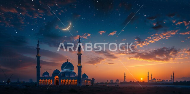  الفن الهندسي المعماري للمساجد ، ديكورات وتصاميم متميزة على الطراز الاسلامي للقبب والمآذن المضيئة عند الغروب ، مسجد عربي فاخر ، العبادة والتقرب إلى الله، آداء الفرائض والصلوات ، منظر الهلال في السماء 