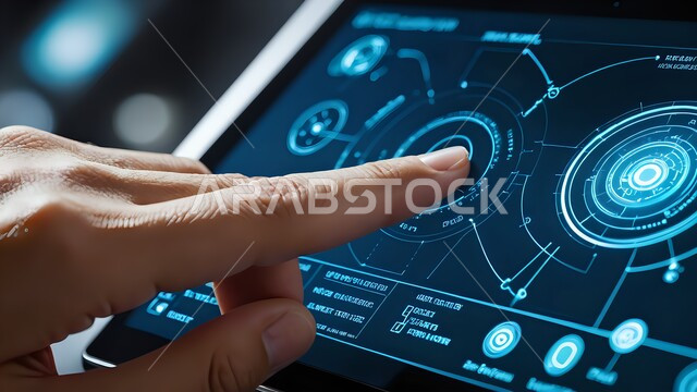 Touch tapping on tablet screen, close-up of hand interacting with futuristic digital interface, use of advanced technology and techniques, concept of innovation and technological advancement in Saudi Arabia