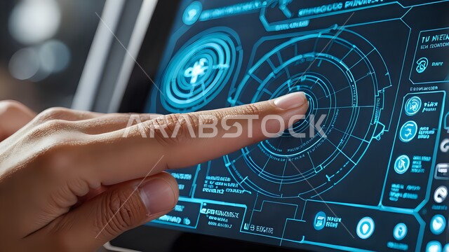 Touch tapping on tablet screen, close-up of hand interacting with futuristic digital interface, use of advanced technology and techniques, concept of innovation and technological advancement in Saudi Arabia