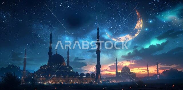  الفن الهندسي المعماري للمساجد، ديكورات وتصاميم متميزة على الطراز الاسلامي للقبب والمآذن المضيئة ليلا، مسجد عربي فاخر، العبادة والتقرب إلى الله، آداء الفرائض والصلوات ، منظر الهلال في السماء