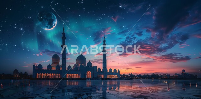  الفن الهندسي المعماري للمساجد، ديكورات وتصاميم متميزة على الطراز الاسلامي للقبب والمآذن المضيئة ليلا، مسجد عربي فاخر، العبادة والتقرب إلى الله، آداء الفرائض والصلوات ، منظر الهلال في السماء