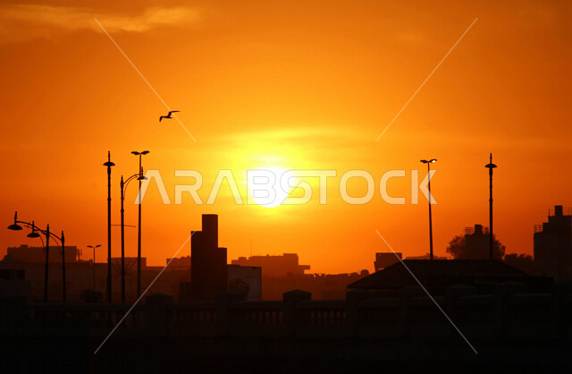 صورة جمالية خلابة لغروب وشروق الشمس , غروب وشروق الشمس الإبداعي من الصحراء, جمال الطبيعة الصحراوية الخلابة في وقت غروب وشروق الشمس، صورة ظلية للجبال والطبيعة الخلابة، منظر رائع وخلاب للسماء بالسعودية
