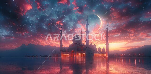 منظر الهلال في السماء ، الفن الهندسي المعماري للمساجد، ديكورات وتصاميم متميزة على الطراز الاسلامي للقبب والمآذن المضيئة ليلا، مسجد عربي فاخر، العبادة والتقرب إلى الله، آداء الفرائض والصلوات ،