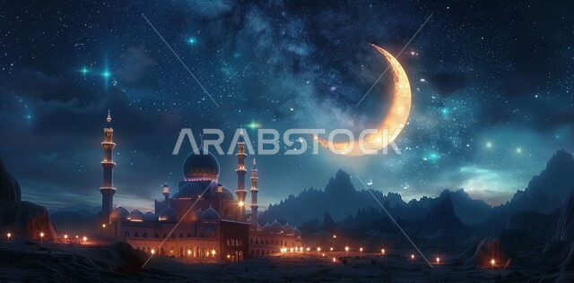 منظر الهلال في السماء ، الفن الهندسي المعماري للمساجد، ديكورات وتصاميم متميزة على الطراز الاسلامي للقبب والمآذن المضيئة ليلا، مسجد عربي فاخر، العبادة والتقرب إلى الله، آداء الفرائض والصلوات ،