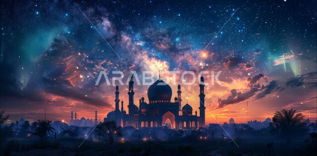 منظر الهلال في السماء ، الفن الهندسي المعماري للمساجد، ديكورات وتصاميم متميزة على الطراز الاسلامي للقبب والمآذن المضيئة ليلا، مسجد عربي فاخر، العبادة والتقرب إلى الله، آداء الفرائض والصلوات ،