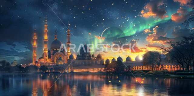 The view of the crescent moon in the sky, the architectural art of mosques, distinct Islamic-style decorations and designs for domes and minarets illuminated at night, a luxurious Arab mosque, worship and getting closer to God, performing obligatory prayers and prayers,