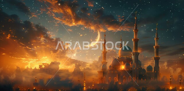 منظر الهلال في السماء ، الفن الهندسي المعماري للمساجد، ديكورات وتصاميم متميزة على الطراز الاسلامي للقبب والمآذن المضيئة اثناء الغروب ، مسجد عربي فاخر ، العبادة والتقرب إلى الله، آداء الفرائض والصلوات ،