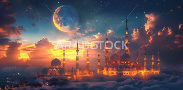 منظر الهلال في السماء ، الفن الهندسي المعماري للمساجد، ديكورات وتصاميم متميزة على الطراز الاسلامي للقبب والمآذن المضيئة اثناء الغروب ، مسجد عربي فاخر ، العبادة والتقرب إلى الله، آداء الفرائض والصلوات ،