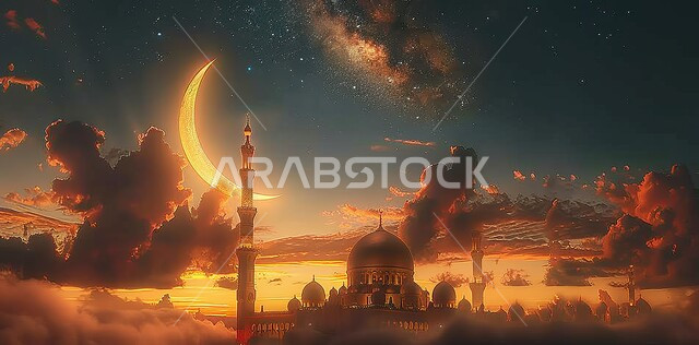 منظر الهلال في السماء ، الفن الهندسي المعماري للمساجد، ديكورات وتصاميم متميزة على الطراز الاسلامي للقبب والمآذن المضيئة اثناء الغروب ، مسجد عربي فاخر ، العبادة والتقرب إلى الله، آداء الفرائض والصلوات ،