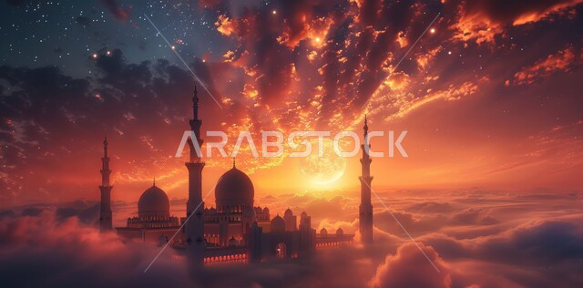 منظر الهلال في السماء ، الفن الهندسي المعماري للمساجد، ديكورات وتصاميم متميزة على الطراز الاسلامي للقبب والمآذن المضيئة اثناء الغروب ، مسجد عربي فاخر ، العبادة والتقرب إلى الله، آداء الفرائض والصلوات ،