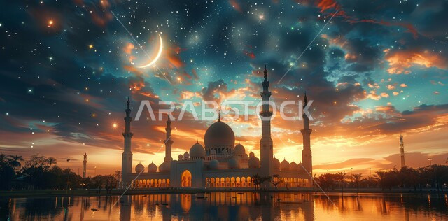 The view of the crescent moon in the sky, the architectural art of mosques, distinct decorations and designs in the Islamic style of domes and minarets illuminated during sunset, a luxurious Arab mosque, worship and getting closer to God, performing obligatory prayers and prayers,