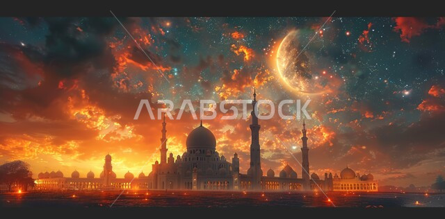 مسجد عربي فاخر، منظر الهلال في السماء ، الفن الهندسي المعماري للمساجد، ديكورات وتصاميم متميزة على الطراز الاسلامي للقبب والمآذن المضيئة ليلا، العبادة والتقرب إلى الله ، آداء الفرائض والصلوات 