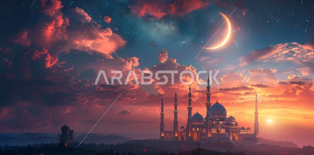 A luxurious Arab mosque, the view of the crescent in the sky, the architectural art of mosques, distinct decorations and designs in the Islamic style for domes and minarets illuminated at night, worship and getting closer to God, performing obligatory prayers and prayers.