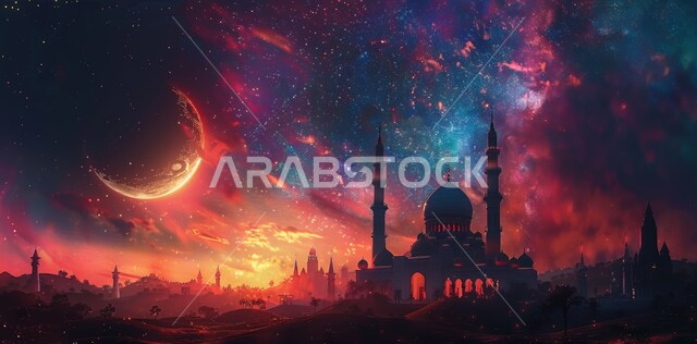 A luxurious Arab mosque, the view of the crescent in the sky, the architectural art of mosques, distinct decorations and designs in the Islamic style for domes and minarets illuminated at night, worship and getting closer to God, performing obligatory prayers and prayers.