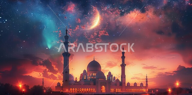 مسجد عربي فاخر، منظر الهلال في السماء ، الفن الهندسي المعماري للمساجد، ديكورات وتصاميم متميزة على الطراز الاسلامي للقبب والمآذن المضيئة ليلا، العبادة والتقرب إلى الله ، آداء الفرائض والصلوات 
