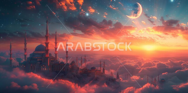 آداء الفرائض والصلوات ، مسجد عربي فاخر، منظر الهلال في السماء ، الفن الهندسي المعماري للمساجد، ديكورات وتصاميم متميزة على الطراز الاسلامي للقبب والمآذن المضيئة ليلا، العبادة والتقرب إلى الله  