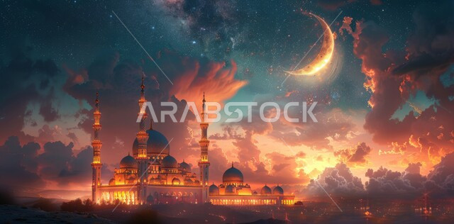 آداء الفرائض والصلوات ، مسجد عربي فاخر، منظر الهلال في السماء ، الفن الهندسي المعماري للمساجد، ديكورات وتصاميم متميزة على الطراز الاسلامي للقبب والمآذن المضيئة ليلا، العبادة والتقرب إلى الله  