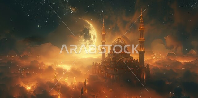 مسجد عربي فاخر، منظر البدر في السماء ، الفن الهندسي المعماري للمساجد، ديكورات وتصاميم متميزة على الطراز الاسلامي للقبب والمآذن المضيئة ليلا، العبادة والتقرب إلى الله ، آداء الفرائض والصلوات 