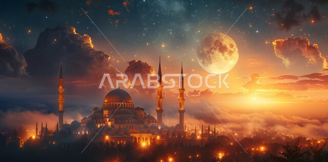 مسجد عربي فاخر، منظر البدر في السماء ، الفن الهندسي المعماري للمساجد، ديكورات وتصاميم متميزة على الطراز الاسلامي للقبب والمآذن المضيئة ليلا، العبادة والتقرب إلى الله ، آداء الفرائض والصلوات 