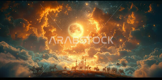 مسجد عربي فاخر، منظر البدر في السماء ، الفن الهندسي المعماري للمساجد، ديكورات وتصاميم متميزة على الطراز الاسلامي للقبب والمآذن المضيئة ليلا، العبادة والتقرب إلى الله ، آداء الفرائض والصلوات 