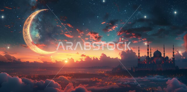  العبادة والتقرب إلى الله ، مسجد عربي فاخر، منظر الهلال في السماء ، الفن الهندسي المعماري للمساجد ، ديكورات وتصاميم متميزة على الطراز الاسلامي للقبب والمآذن المضيئة ليلا ، آداء الفرائض والصلوات 