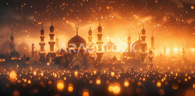  الفن الهندسي المعماري للمساجد، ديكورات وتصاميم متميزة على الطراز الاسلامي للقبب والمآذن المضيئة اثناء الغروب ، مسجد عربي فاخر ، العبادة والتقرب إلى الله، آداء الفرائض والصلوات 