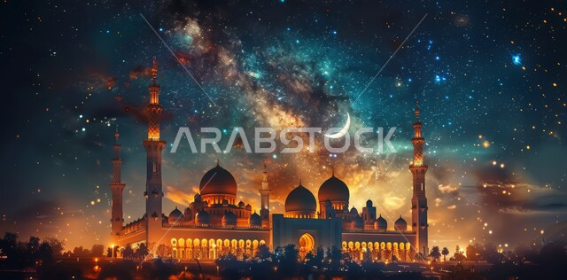 منظر الهلال في السماء ، الفن الهندسي المعماري للمساجد ، ديكورات وتصاميم متميزة على الطراز الاسلامي للقبب والمآذن المضيئة ليلا ، مسجد عربي فاخر ، العبادة والتقرب إلى الله ، آداء الفرائض والصلوات