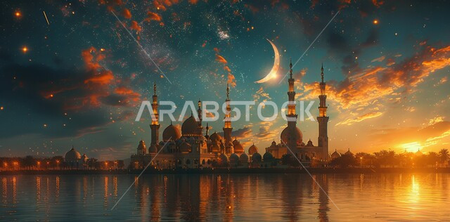 The view of the crescent moon in the sky, the architectural art of mosques, distinct decorations and designs in the Islamic style of domes and minarets illuminated at night, a luxurious Arab mosque, worship and drawing closer to God, performing obligatory prayers and prayers.
