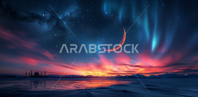 منظر الهلال في السماء ، الفن الهندسي المعماري للمساجد ، ديكورات وتصاميم متميزة على الطراز الاسلامي للقبب والمآذن المضيئة ليلا ، مسجد عربي فاخر ، العبادة والتقرب إلى الله ، آداء الفرائض والصلوات